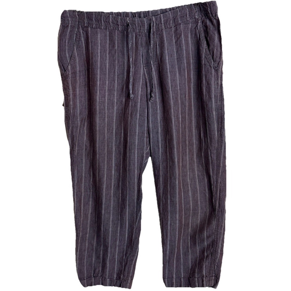 Allen Allen 100% Linen Cropped Pull-On Pants Womens Medium Burgundy Striped